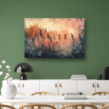 Schemerlicht over een rustig rietveld canvas