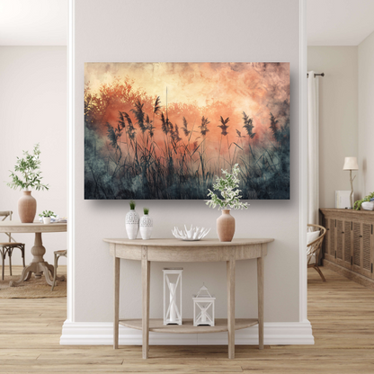 Schemerlicht over een rustig rietveld canvas