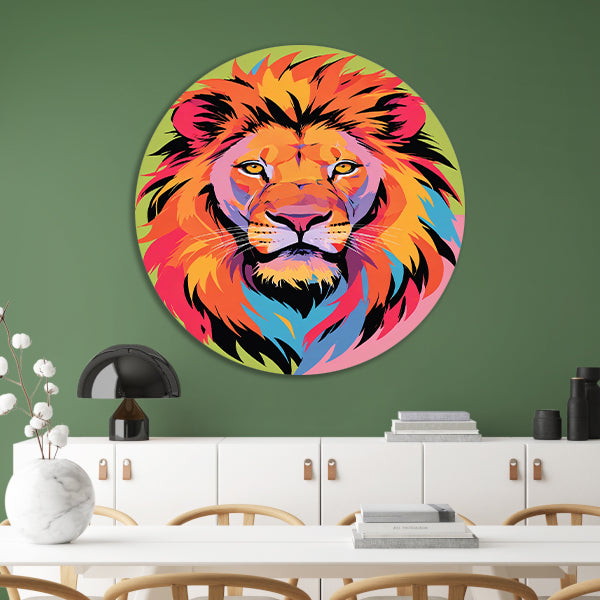 Kleurrijk popart-leeuw portret voor interieur aluminium muurcirkel