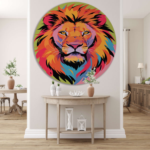 Kleurrijk popart-leeuw portret voor interieur aluminium muurcirkel
