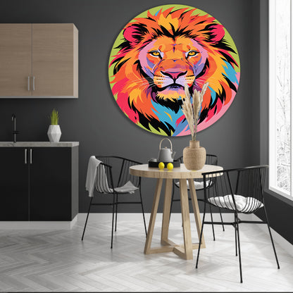 Kleurrijk popart-leeuw portret voor interieur aluminium muurcirkel