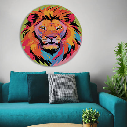 Kleurrijk popart-leeuw portret voor interieur aluminium muurcirkel
