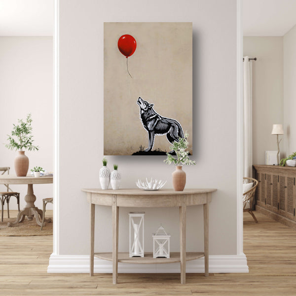 Starende wolf en de vliegende rode ballon acrylglas