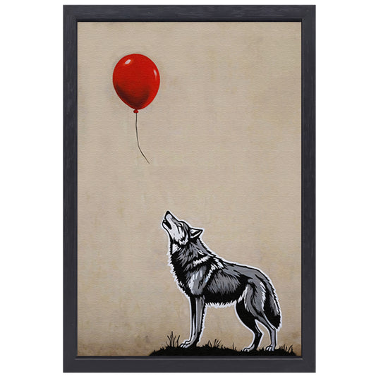 Starende wolf en de vliegende rode ballon canvas met baklijst