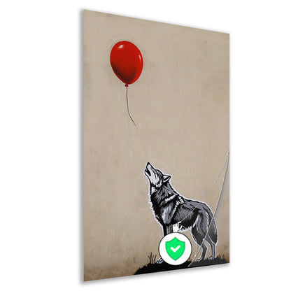 Starende wolf en de vliegende rode ballon poster