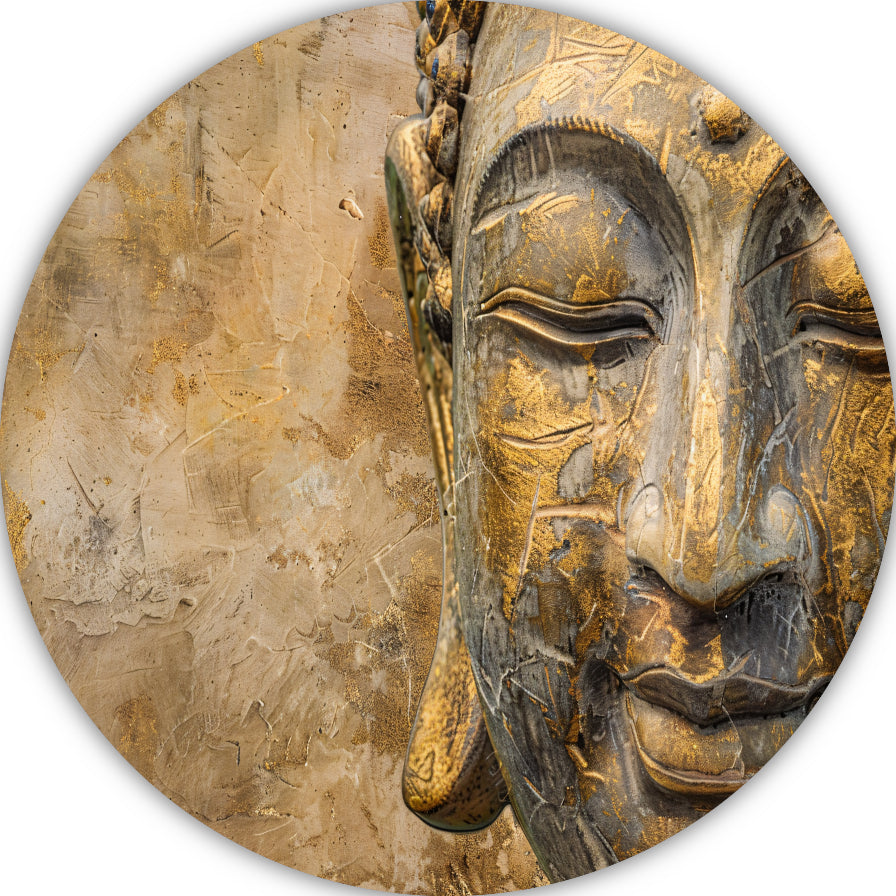 Gouden Boeddha portret op verweerde achtergrond aluminium muurcirkel