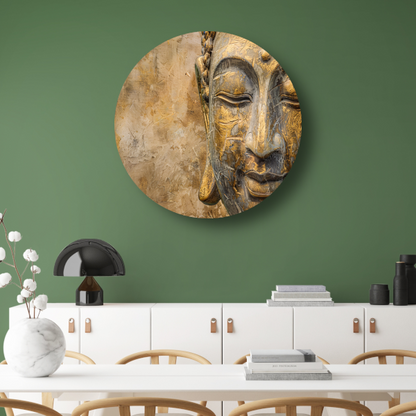 Gouden Boeddha portret op verweerde achtergrond aluminium muurcirkel