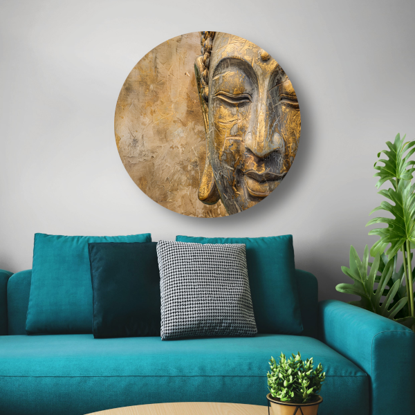 Gouden Boeddha portret op verweerde achtergrond aluminium muurcirkel