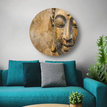 Gouden Boeddha portret op verweerde achtergrond aluminium muurcirkel