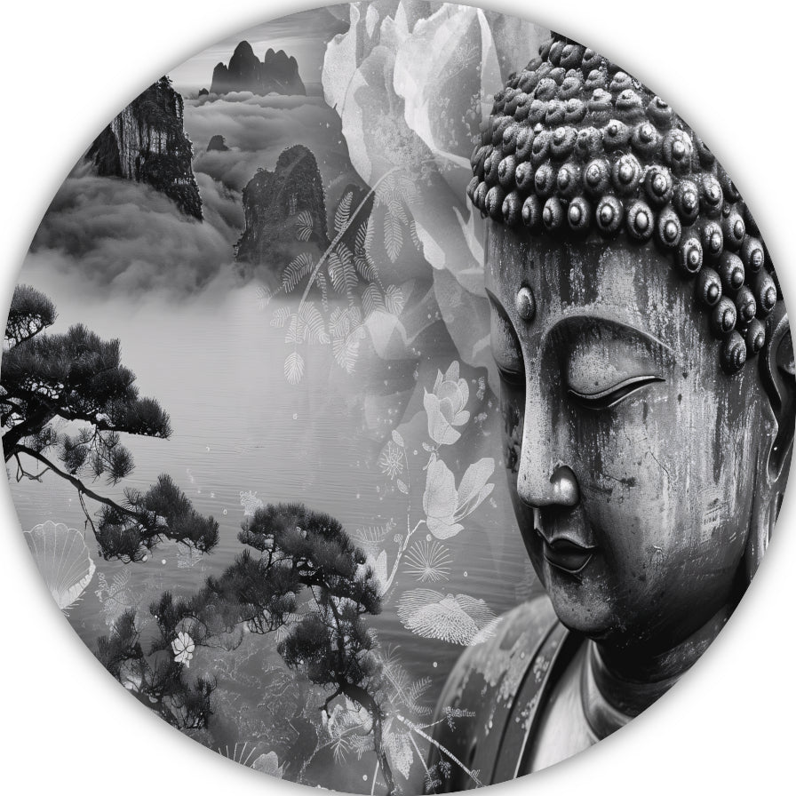 Serene Boeddha met Mistige Bergen forex muurcirkel