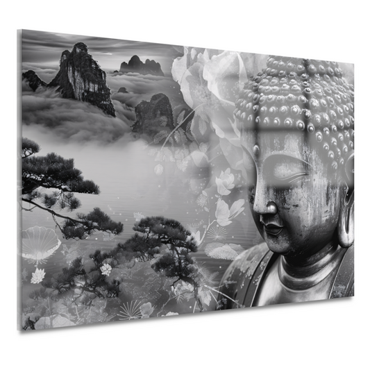 Serene Boeddha met Mistige Bergen acrylglas