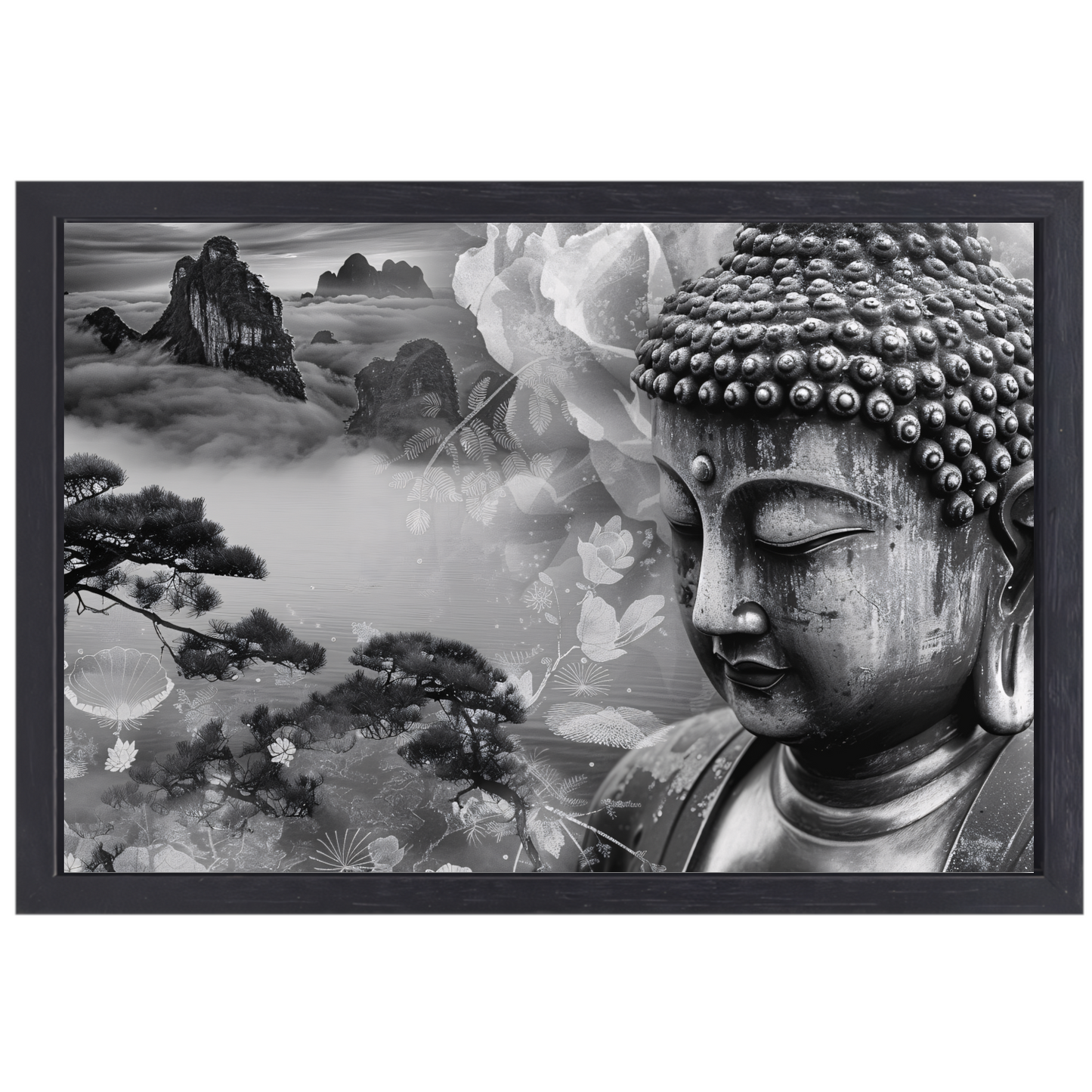 Serene Boeddha met Mistige Bergen canvas met baklijst