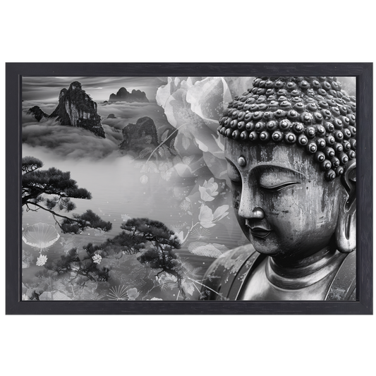 Serene Boeddha met Mistige Bergen canvas met baklijst