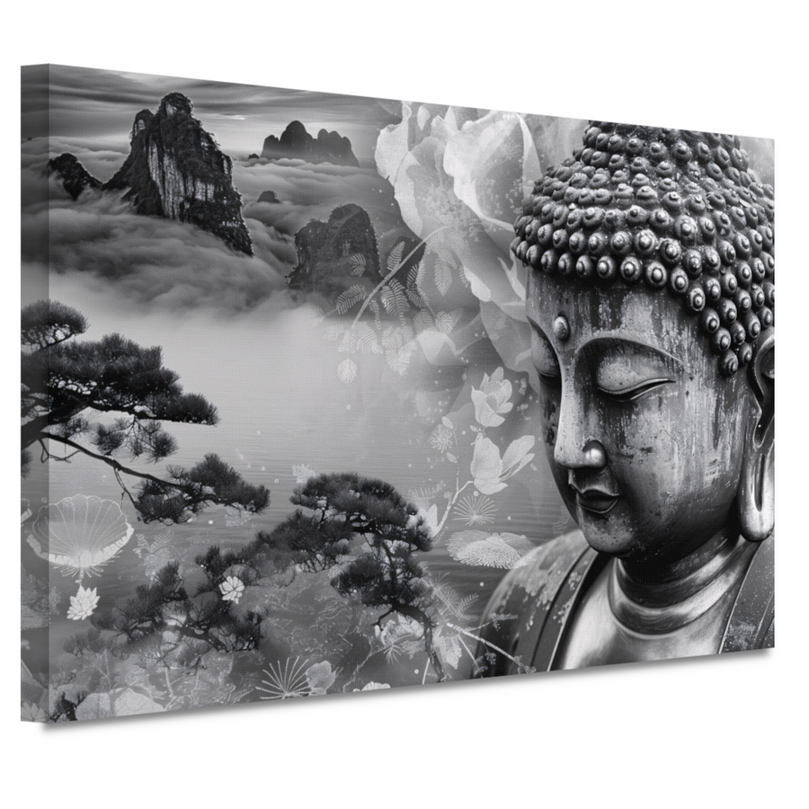 Serene Boeddha met Mistige Bergen canvas