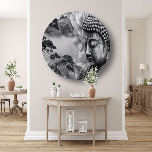 Serene Boeddha met Mistige Bergen forex muurcirkel