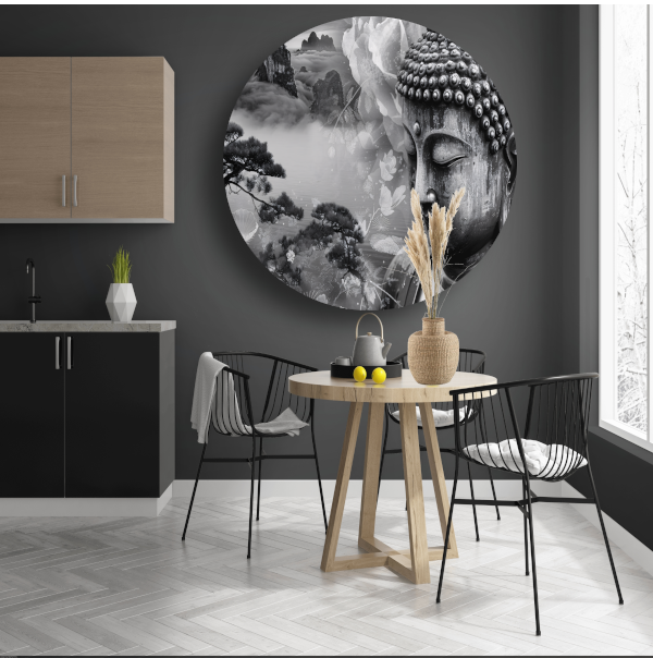 Serene Boeddha met Mistige Bergen forex muurcirkel