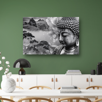 Serene Boeddha met Mistige Bergen poster