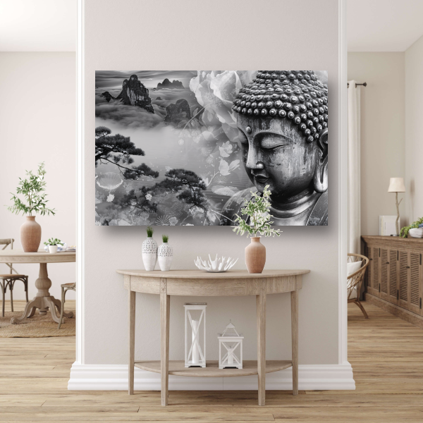Serene Boeddha met Mistige Bergen poster