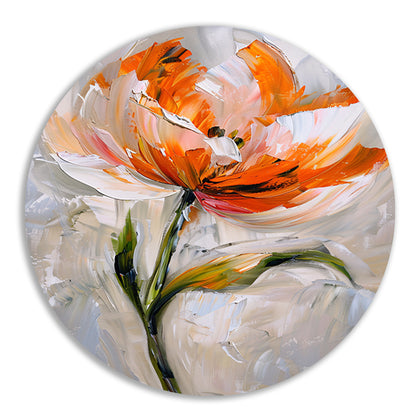 Abstract bloemschilderij met oranje tinten aluminium muurcirkel