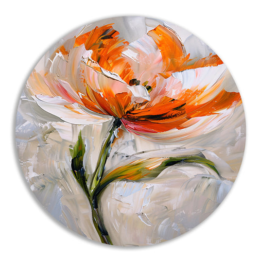 Abstract bloemschilderij met oranje tinten aluminium muurcirkel