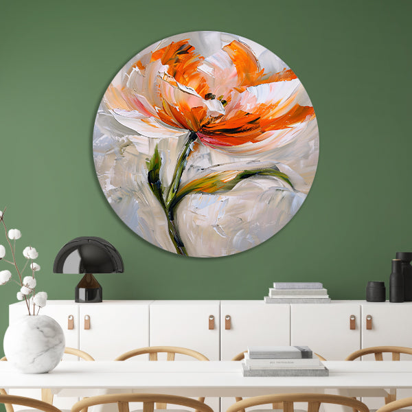 Abstract bloemschilderij met oranje tinten aluminium muurcirkel