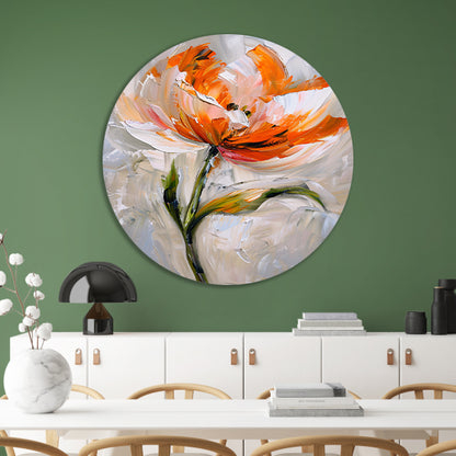 Abstract bloemschilderij met oranje tinten aluminium muurcirkel
