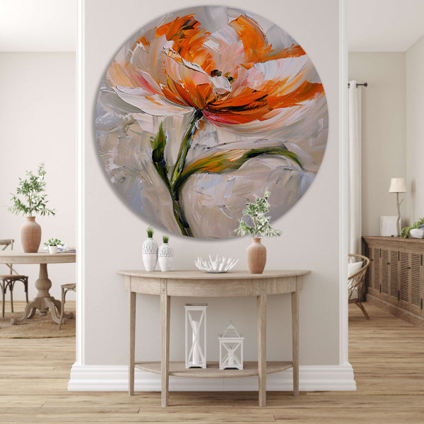 Abstract bloemschilderij met oranje tinten aluminium muurcirkel