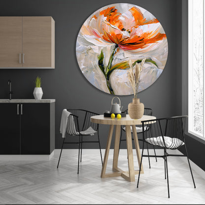 Abstract bloemschilderij met oranje tinten aluminium muurcirkel