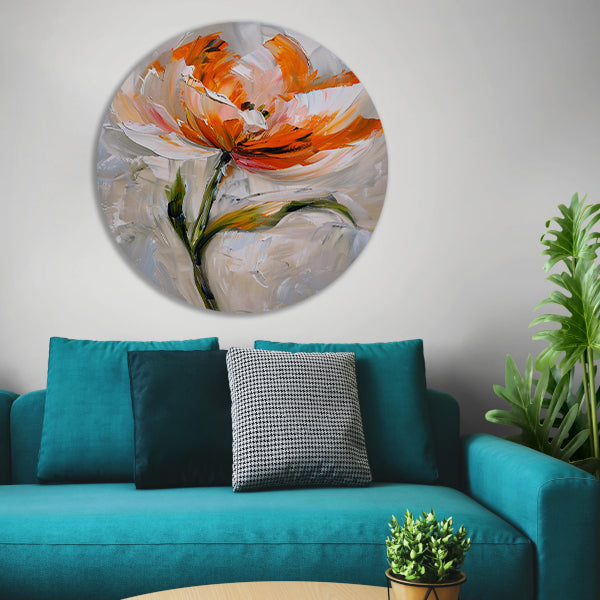 Abstract bloemschilderij met oranje tinten aluminium muurcirkel