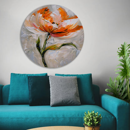 Abstract bloemschilderij met oranje tinten aluminium muurcirkel