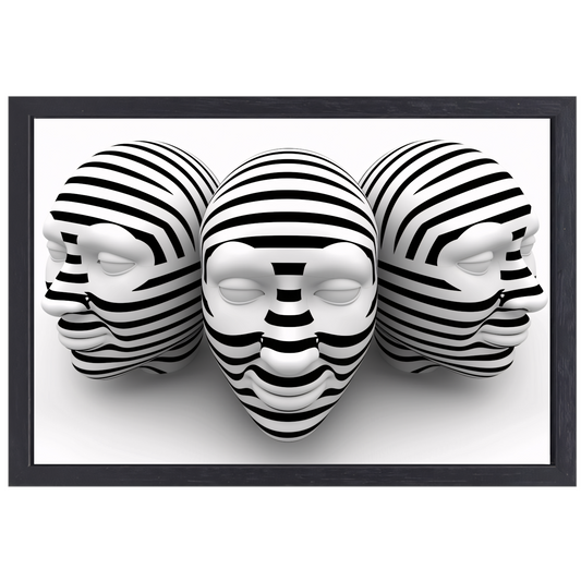 Drie Gestreepte Zwart Wit Maskers canvas met baklijst