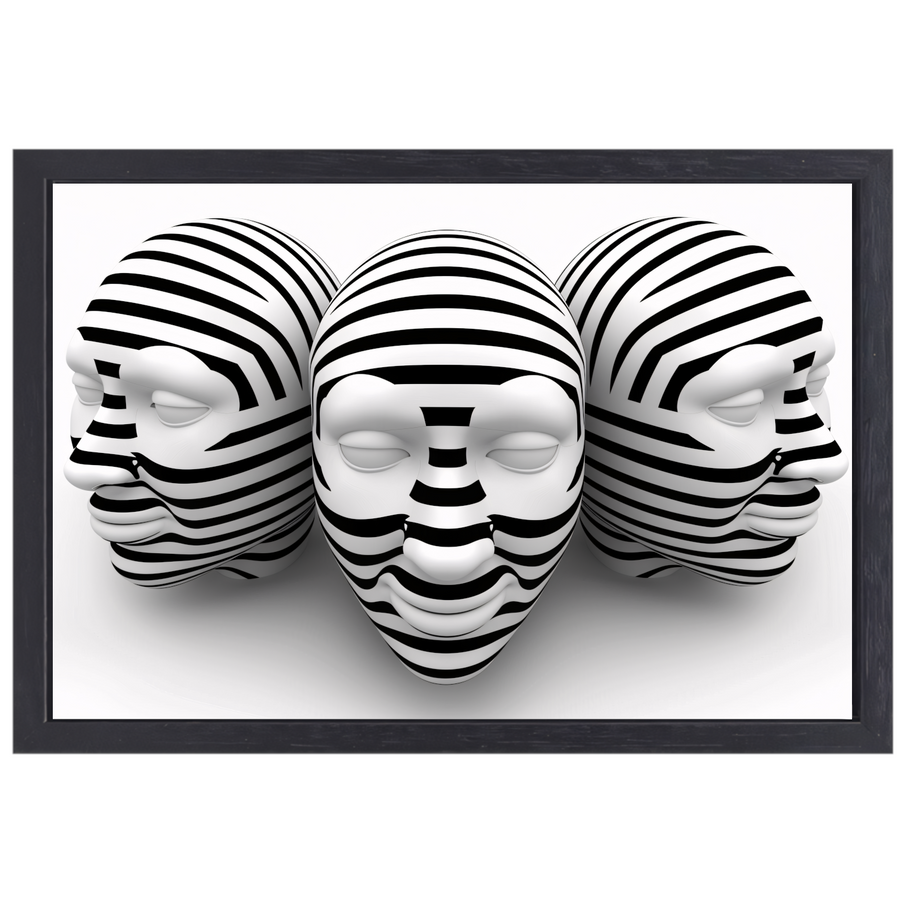 Drie Gestreepte Zwart Wit Maskers canvas met baklijst