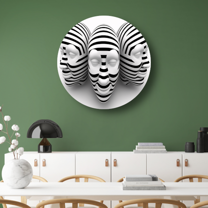 Drie Gestreepte Zwart Wit Maskers aluminium muurcirkel