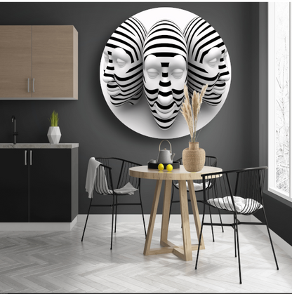 Drie Gestreepte Zwart Wit Maskers aluminium muurcirkel