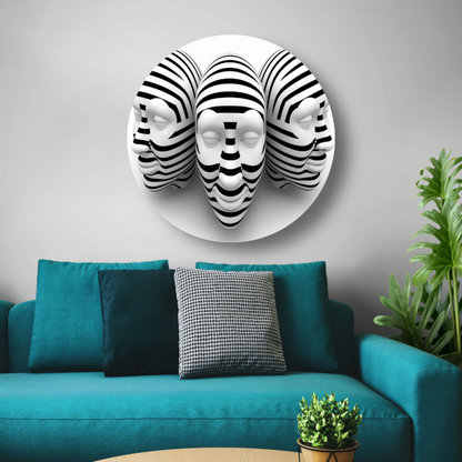 Drie Gestreepte Zwart Wit Maskers aluminium muurcirkel