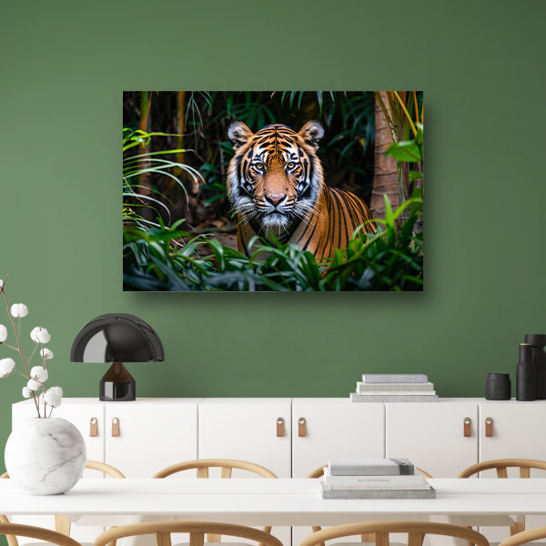 Tijger in dichte jungle, intense blik canvas