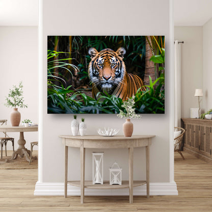 Tijger in dichte jungle, intense blik canvas