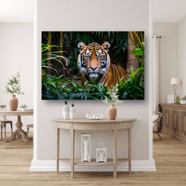 Tijger in dichte jungle, intense blik acrylglas