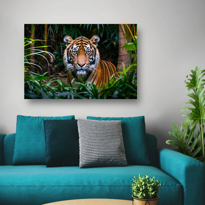 Tijger in dichte jungle, intense blik canvas