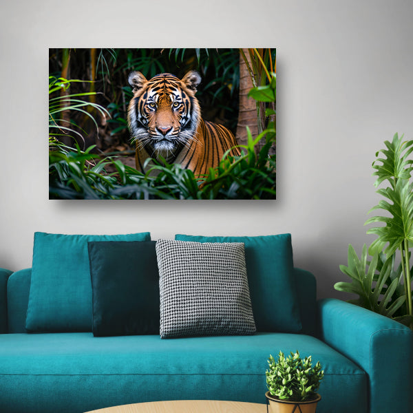 Tijger in dichte jungle, intense blik acrylglas