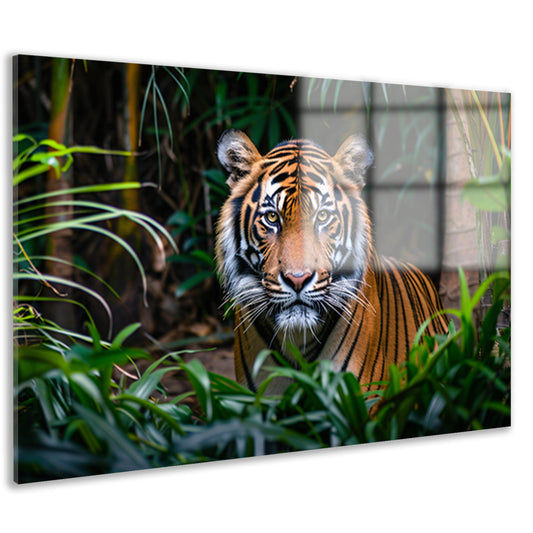 Tijger in dichte jungle, intense blik acrylglas