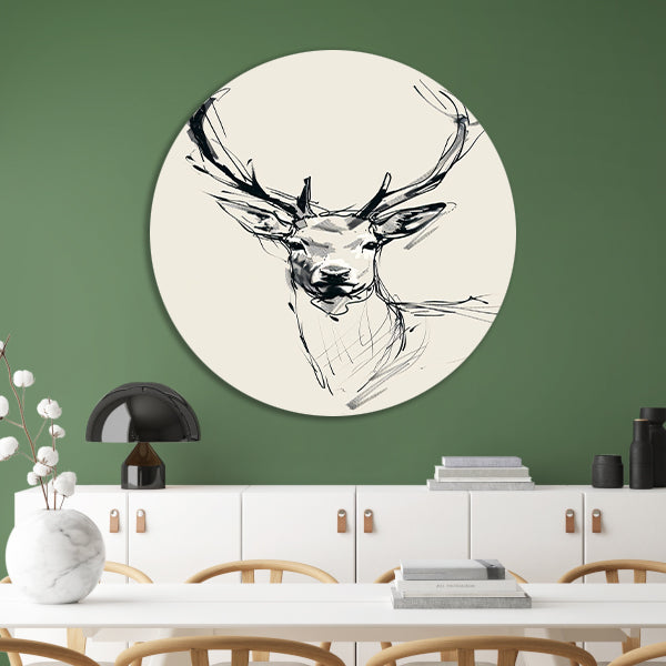 Elegante zwart-wit lijntekening van een hert aluminium muurcirkel