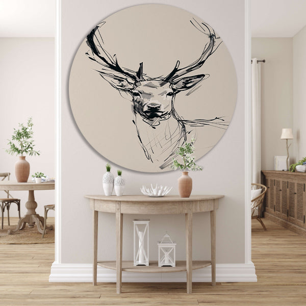 Elegante zwart-wit lijntekening van een hert forex muurcirkel