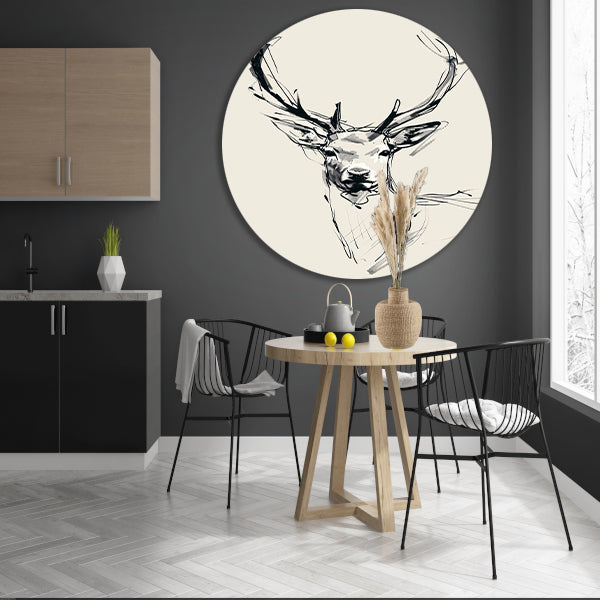 Elegante zwart-wit lijntekening van een hert aluminium muurcirkel