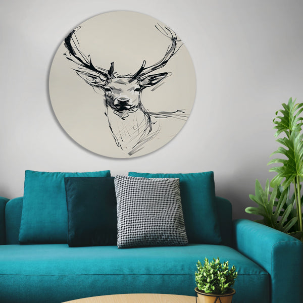 Elegante zwart-wit lijntekening van een hert aluminium muurcirkel