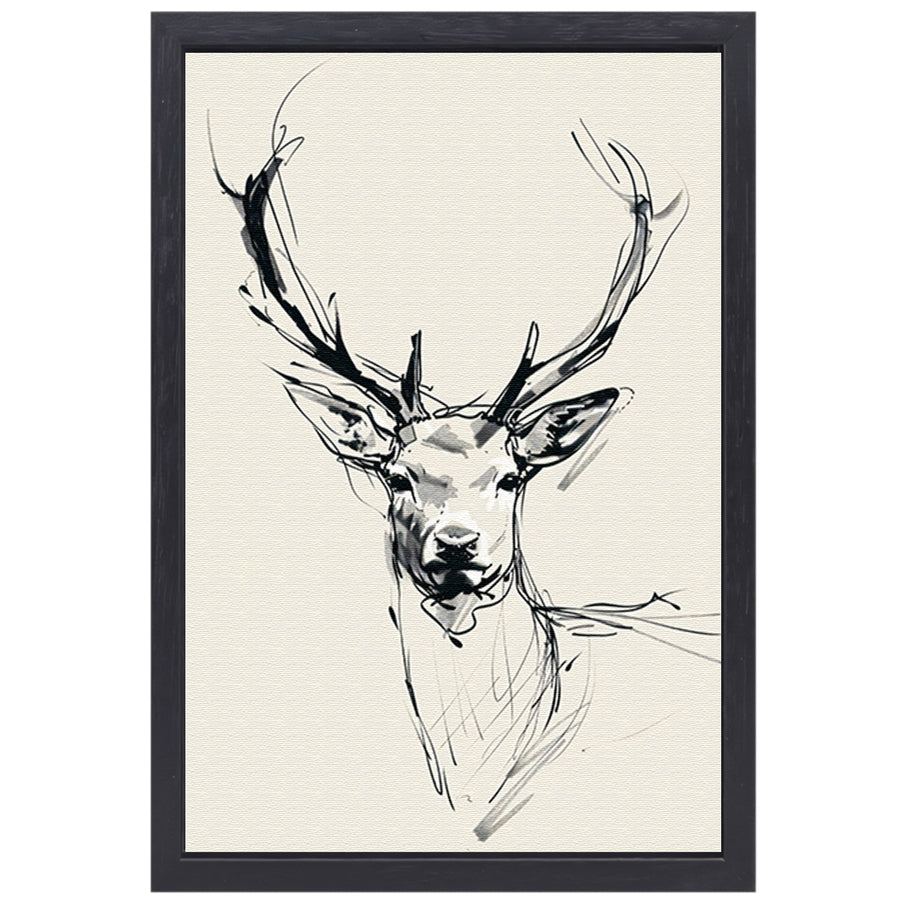 Elegante zwart-wit lijntekening van een hert canvas met baklijst