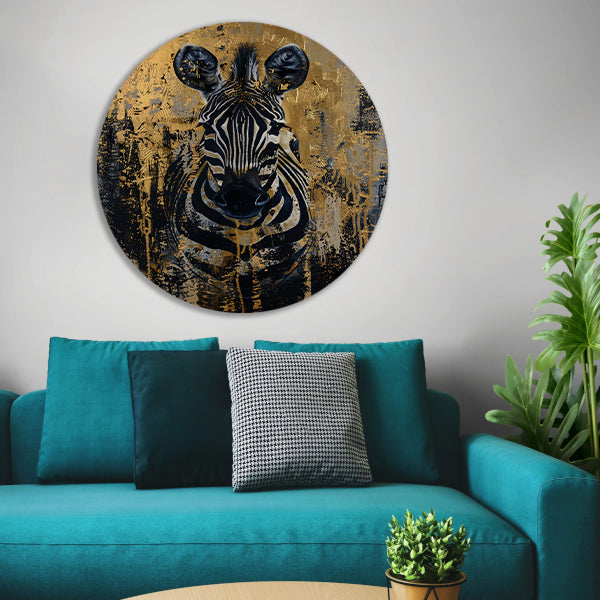 Mysterieus zebra portret in gouden stijl aluminium muurcirkel