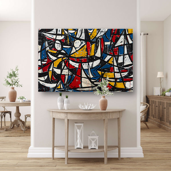Abstracte dynamische schilderij met kleurrijke boten canvas