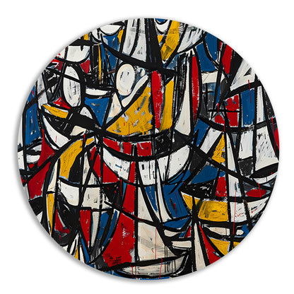Abstracte dynamische schilderij met kleurrijke boten aluminium muurcirkel