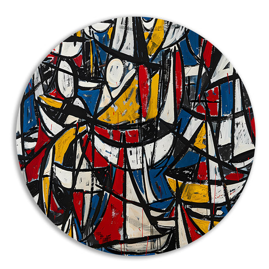 Abstracte dynamische schilderij met kleurrijke boten aluminium muurcirkel